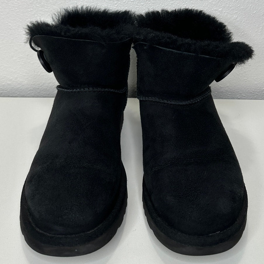 UGG Black Suede Furry Mini Bailey Button Ankle Boot 6