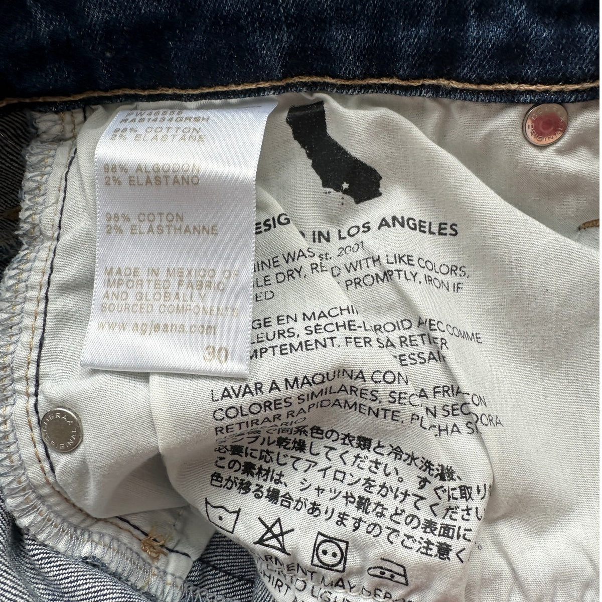 AG Dark Wash Whiskered Prima Cigarette Leg Japanese Fabric Jean 30