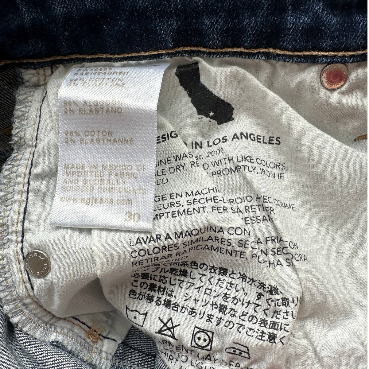 AG Dark Wash Whiskered Prima Cigarette Leg Japanese Fabric Jean 30