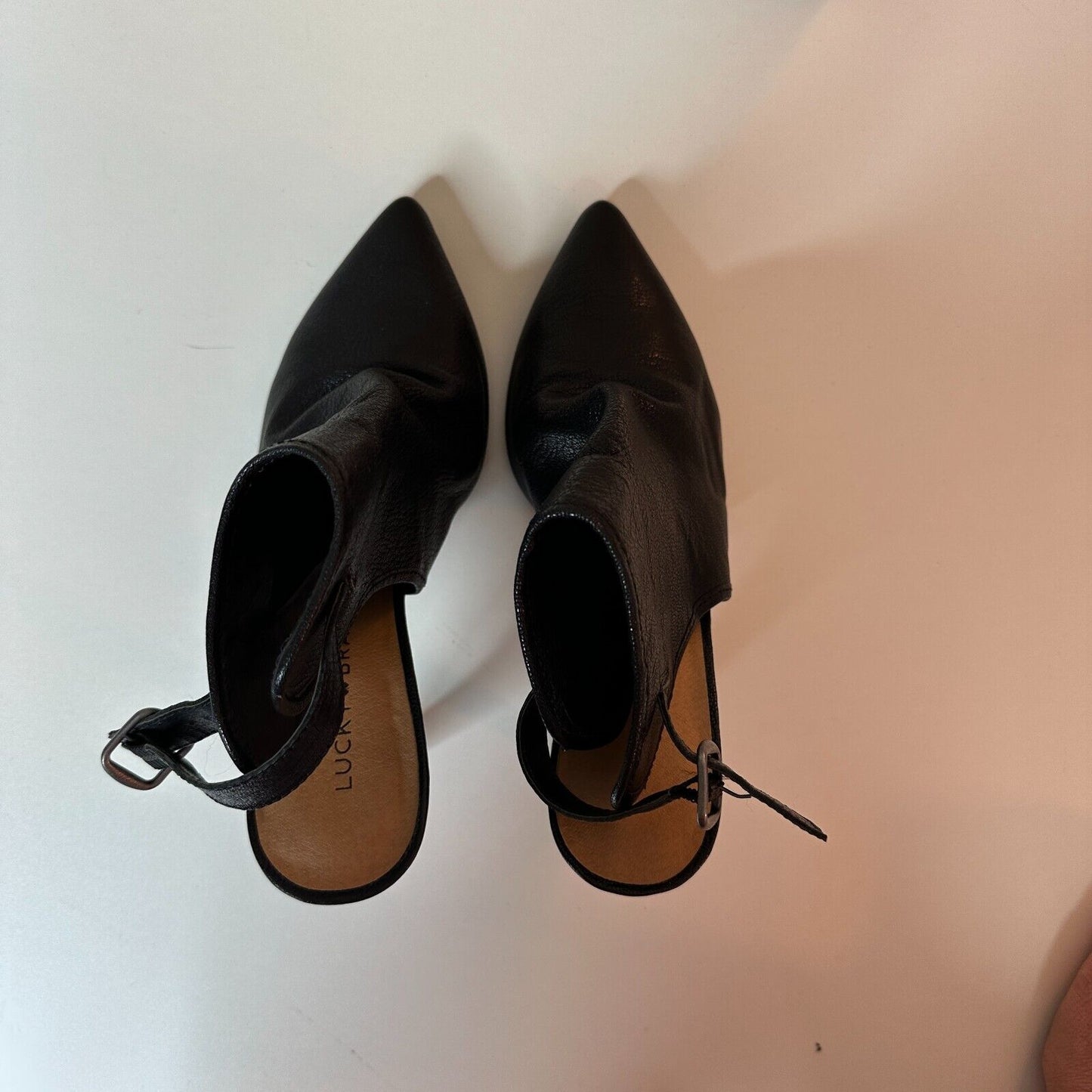 RARE Lucky Brand Ibiza Jet Black Pointed Toe Leather Ankle Strap Stiletto 7.5