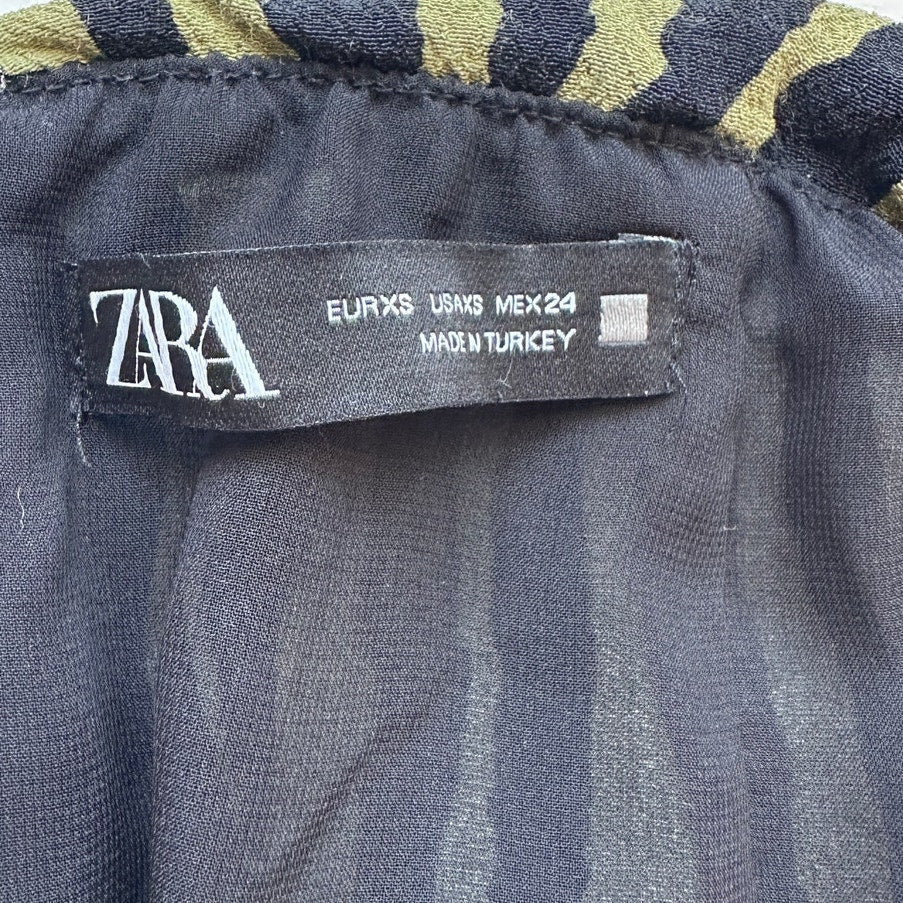 ZARA Green Zebra Print Ruched Mini Skirt XS Ruffle Hem Back Zip