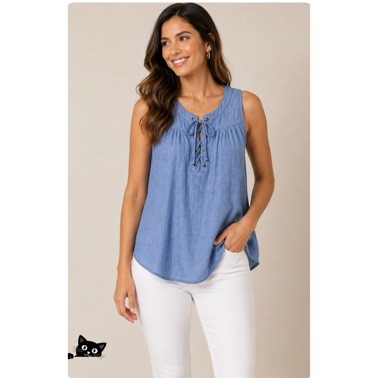 Allison Joy Blue Front Lace-Up Curved Hem Sleeveless Flowy Tank Top Blouse XS