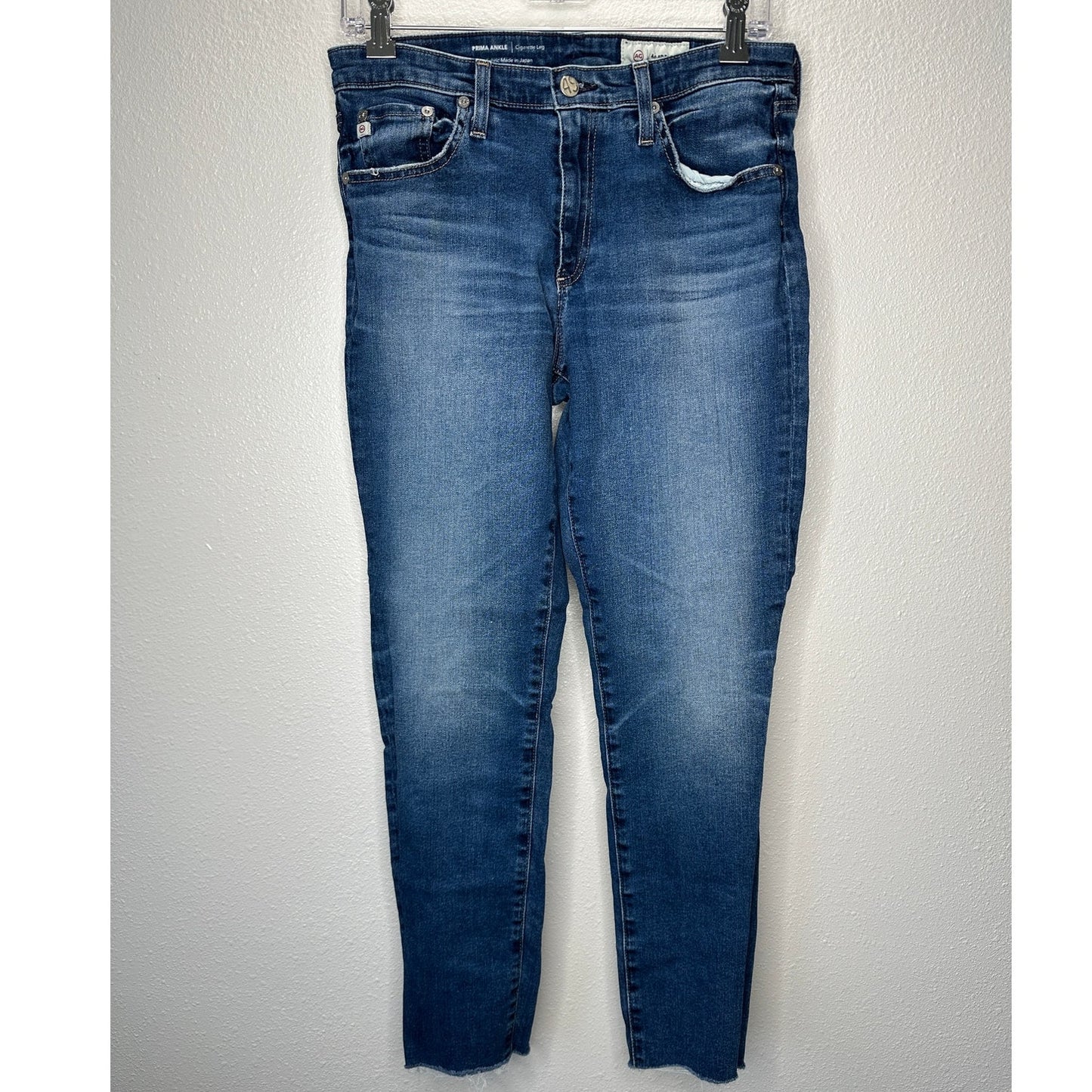 AG Medium Dark Wash The Prima Ankle Cigarette Leg Raw Hem Jeans 30