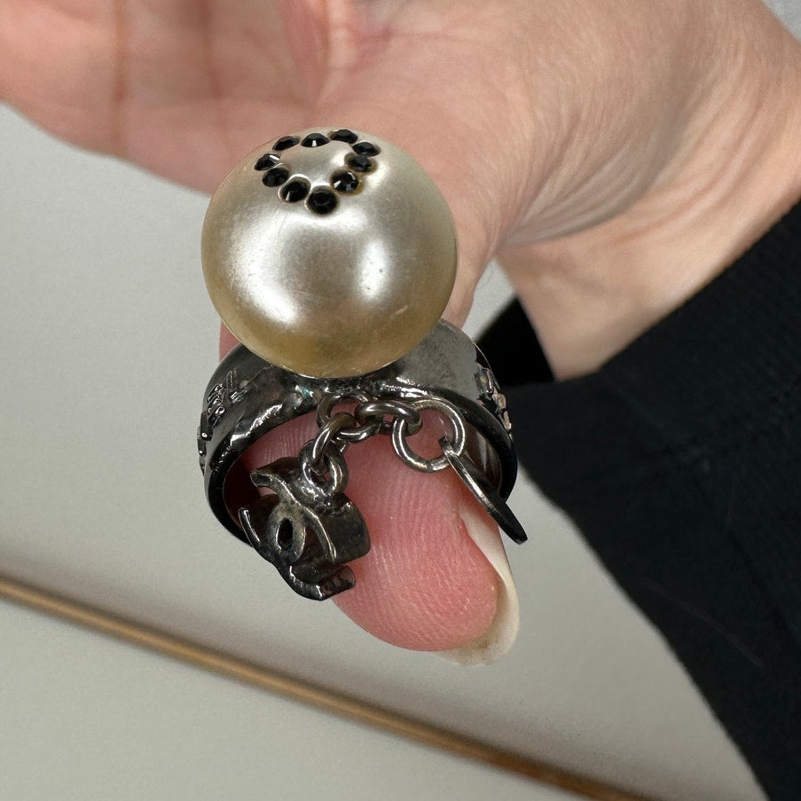 Chanel Paris Silver  Embossed Logo Pearl Crystal Heart Dangle Ring 6.5