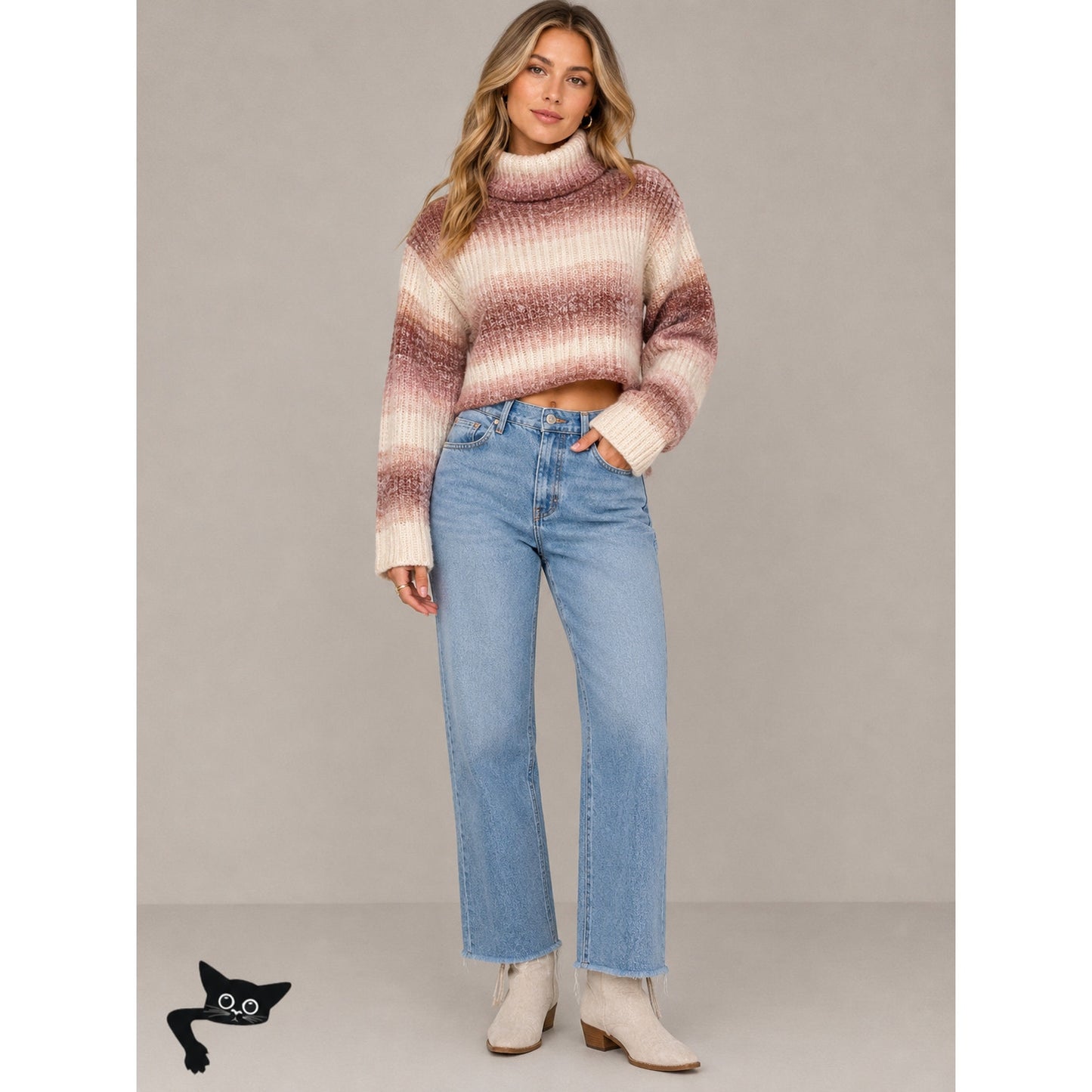 a. peach Cream Peach & Muted Red Striped Turtleneck Crop Sweater S