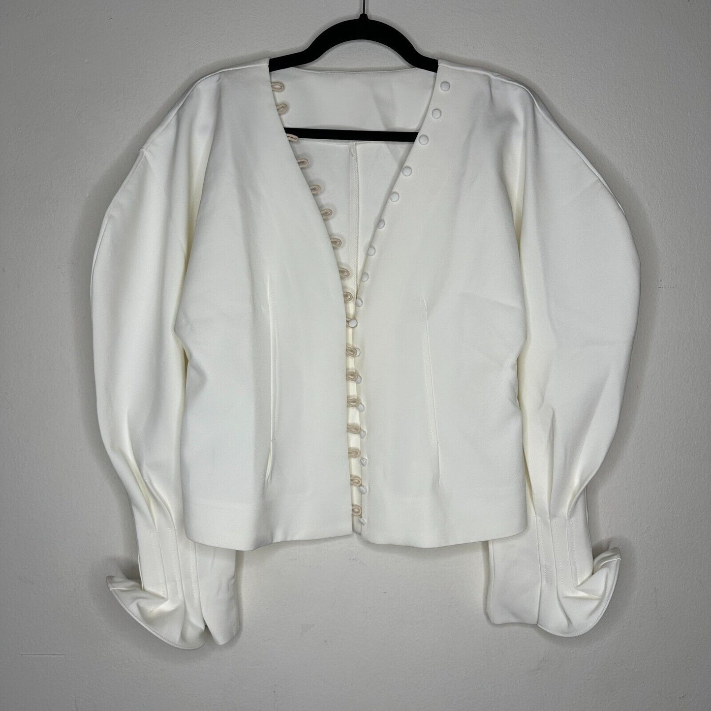 Cream V-Neck Loop & Button Front Balloon Pleated Cuff Sleeve Crop Blouse Med