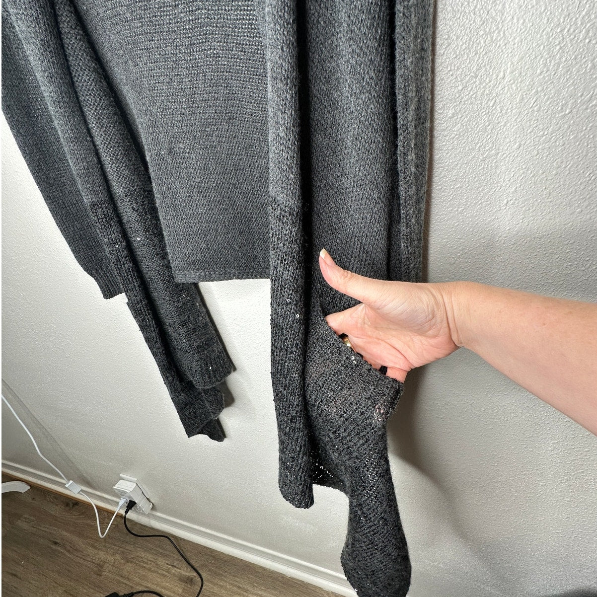 9/15 Saks 5th Ave Dark Gray Waterfall Front Cardigan with Sequins Large