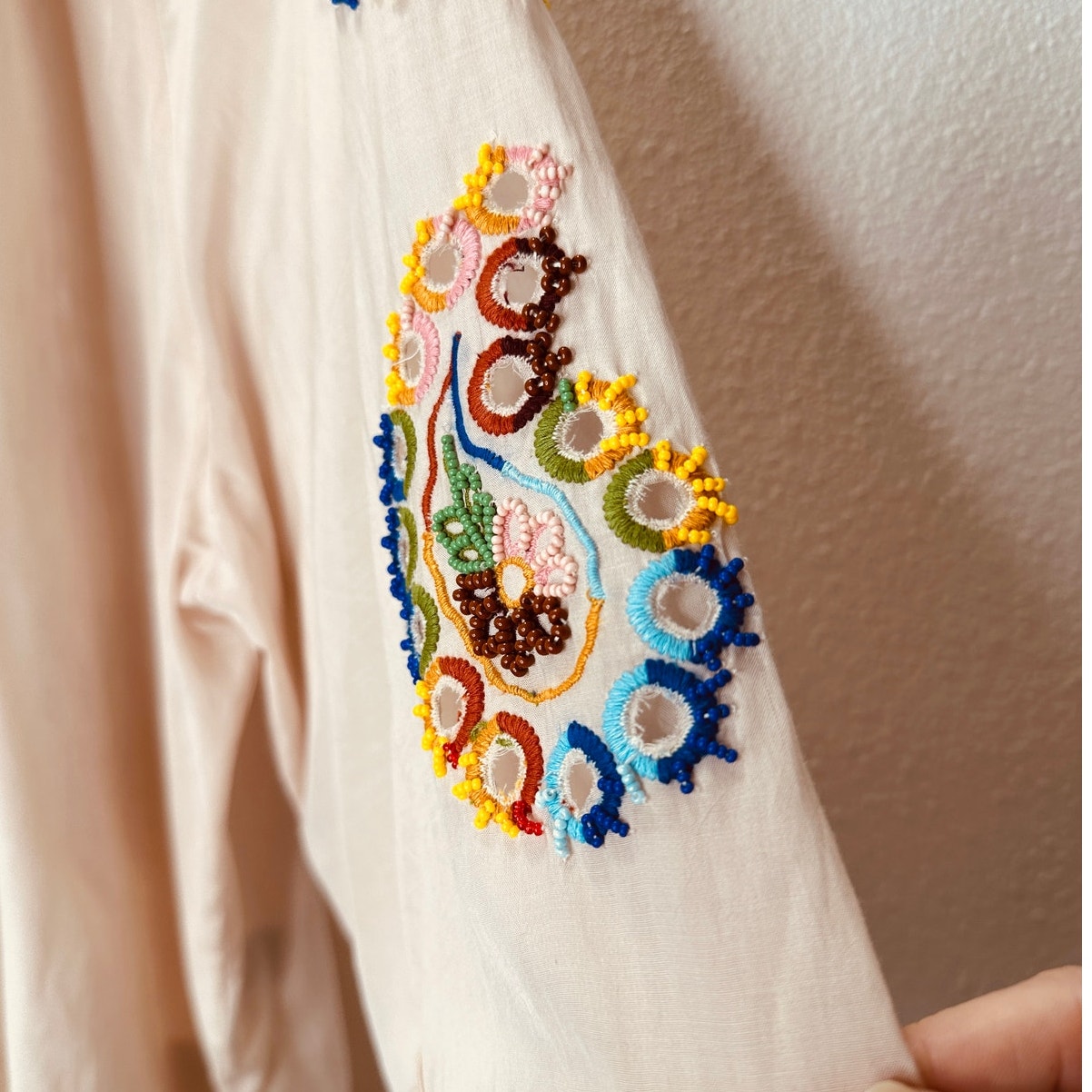 Fortela Ghodsi Tan Multicolor Beade Embroider Print Peasant Blouse 40