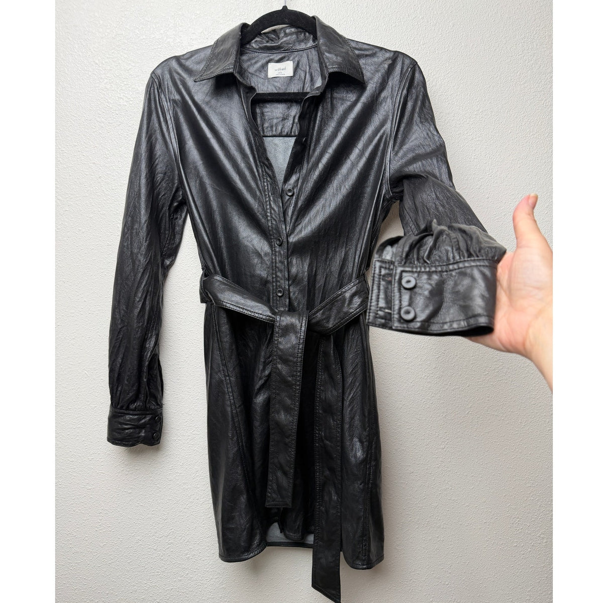 Aritzia Wilfred Caroline Black Vegan Leather Belted Shirt Dress Women's US XXS