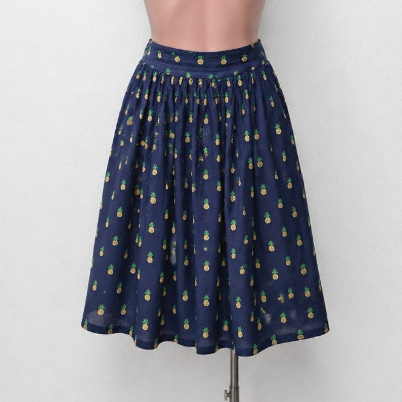 Mo:Vint NY Navy Pineapple Print Pleated Tie Pocket Circle Cotton Midi Skirt SM