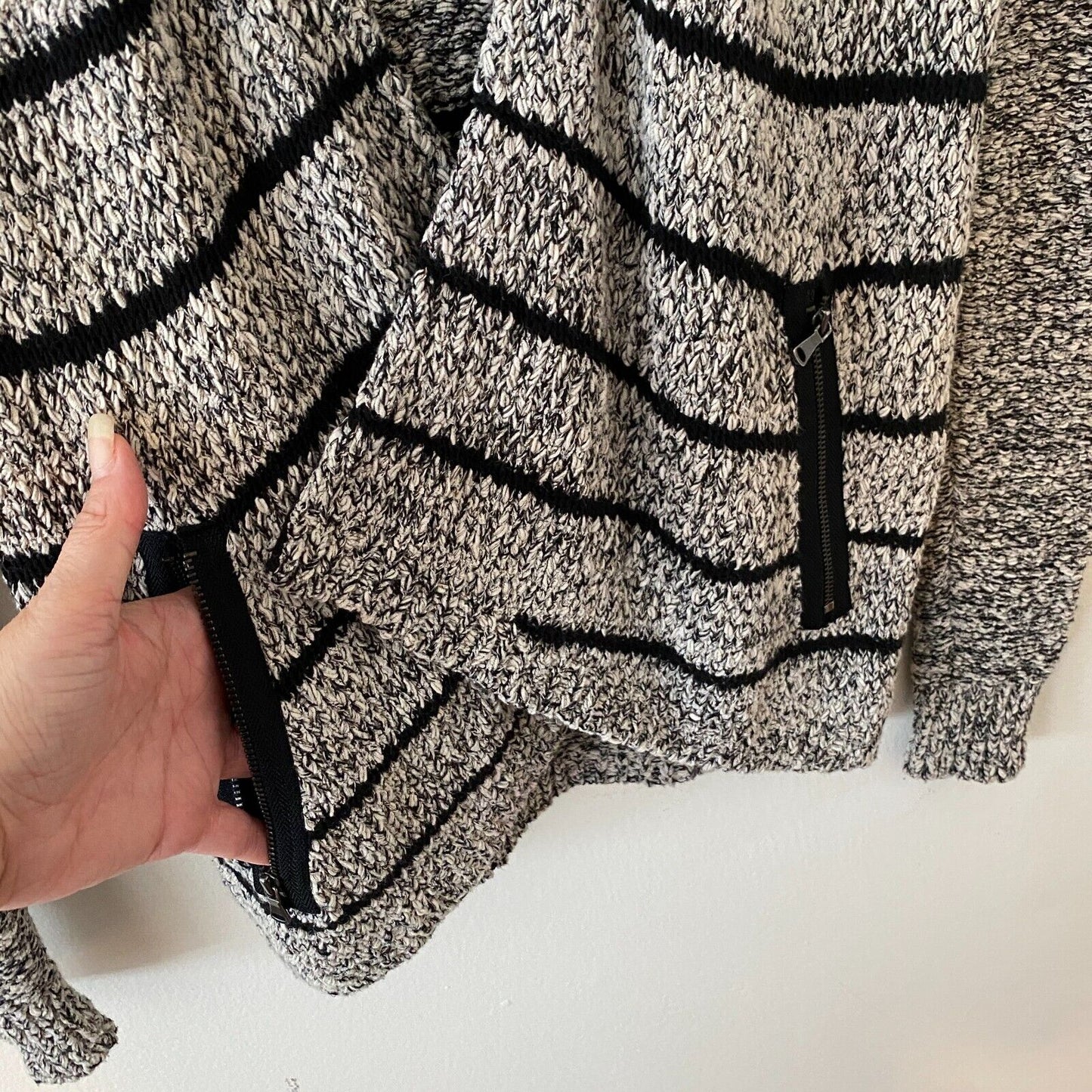 Lou & Grey Chunky Knit Black & Gray Off White Stripe Open Cardigan Zip Pocket XS