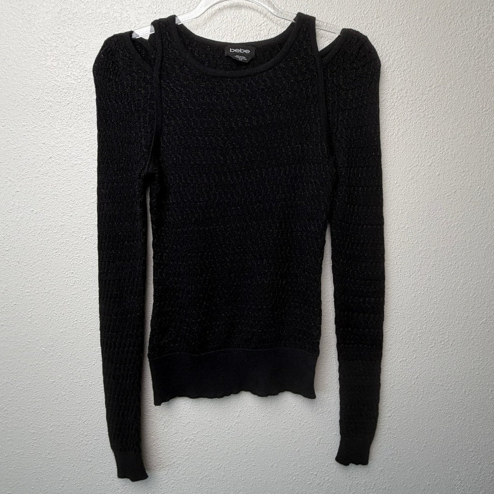 Bebe Black Shimmer Cold Shoulder Knit Sweater Women's Medium