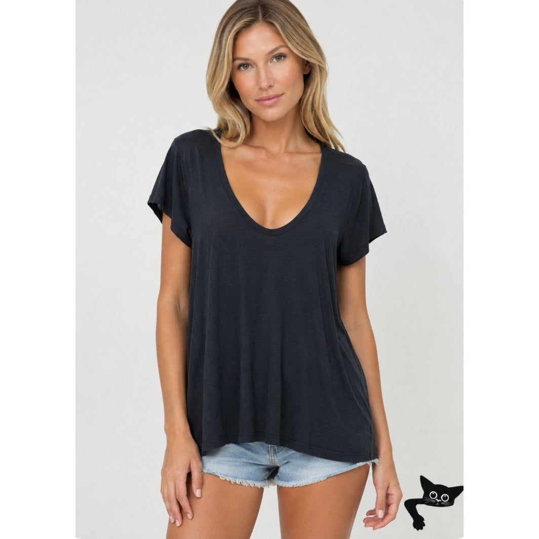 James Perse Black Deep V Round Neck Slub Tee Shirt Cap Sleeve Top 3 / L