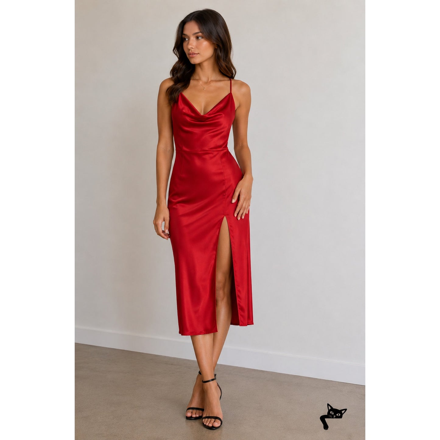 D&M Red Sexy Spaghetti Strap Drape Neck Front Slit Back Zip Satin Dress Small