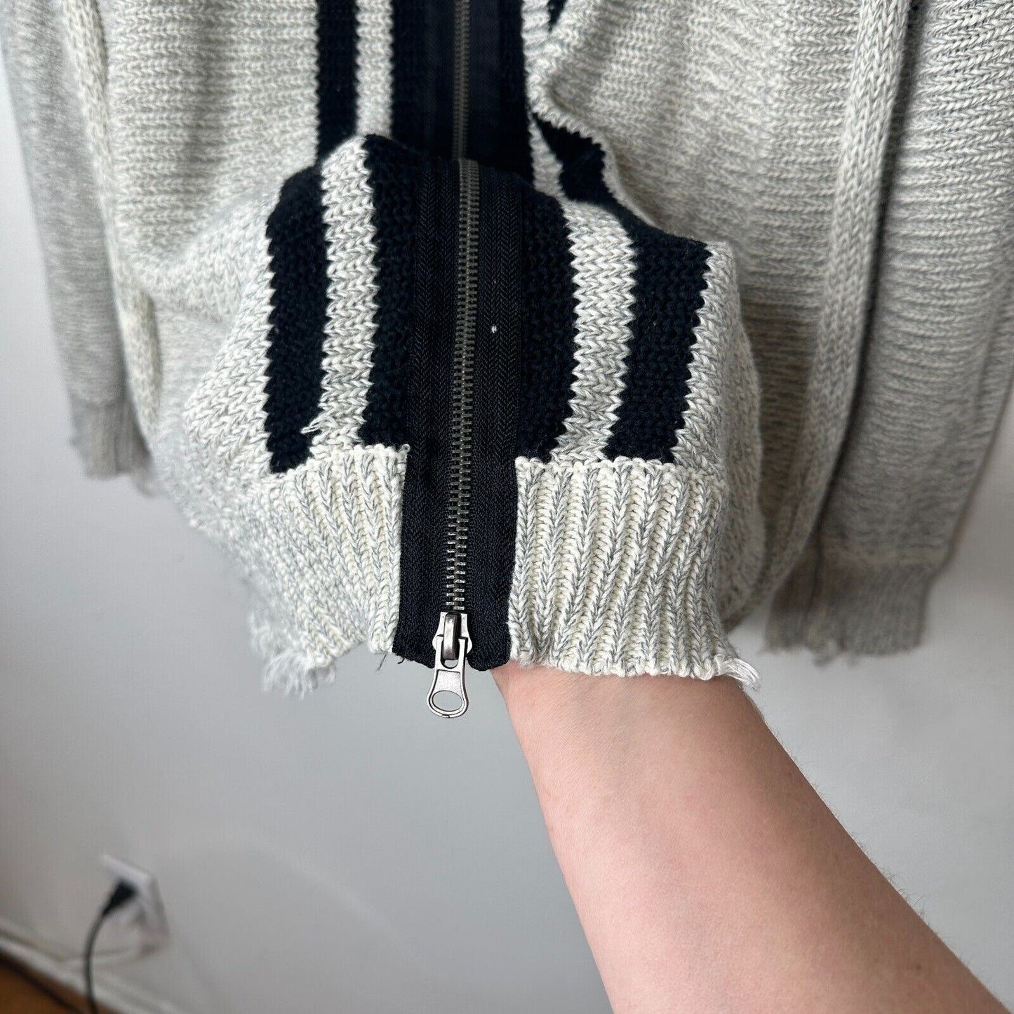 Havana Gray Black Stripe Distressed Long Sleeve Round Neck Sweater Zip Back SM