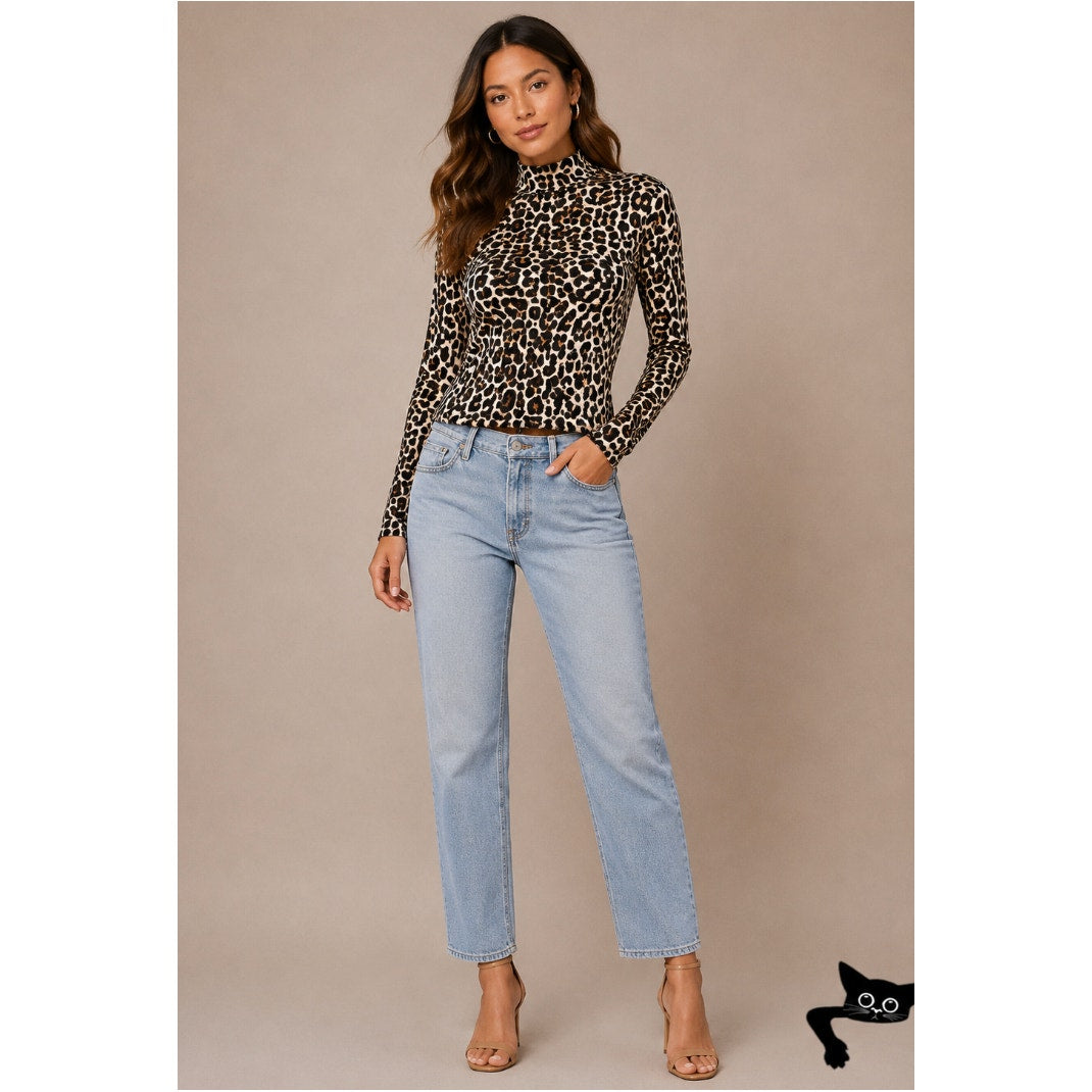 BLDWN Tan and Black Cheetah Knit Print Long Sleeve Mock Neck Fitted Knit Top S