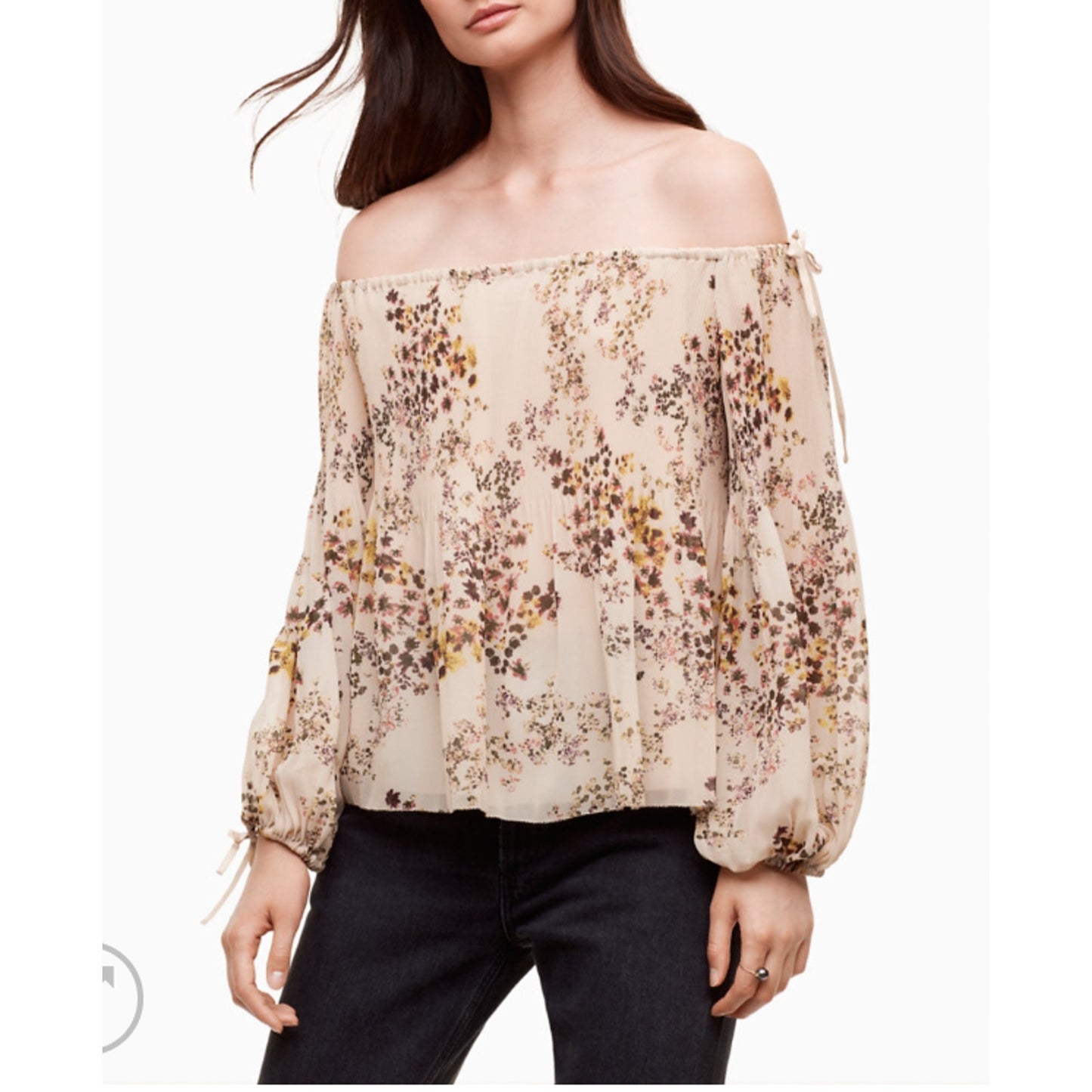Aritzia Wilfred Talence Cream and Multi Floral Silk Pleated Off Shoulder Top XS