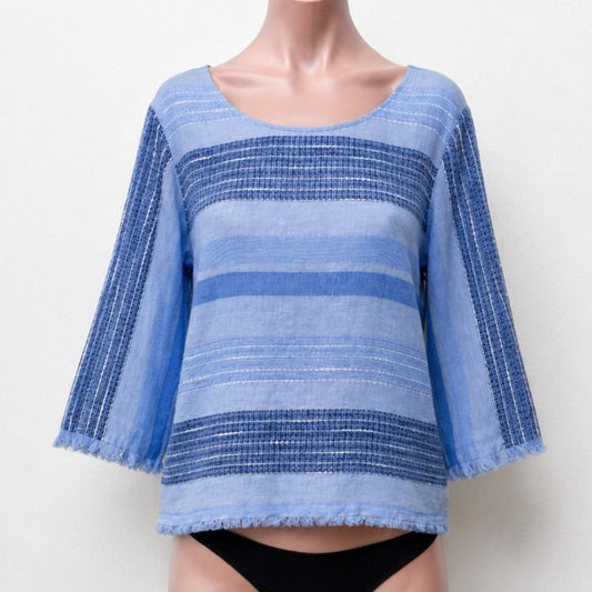 Cloth & Stone Light Blue & Navy Stripe Linen Bell Sleeve Raw Hem Tie Neck Top XS