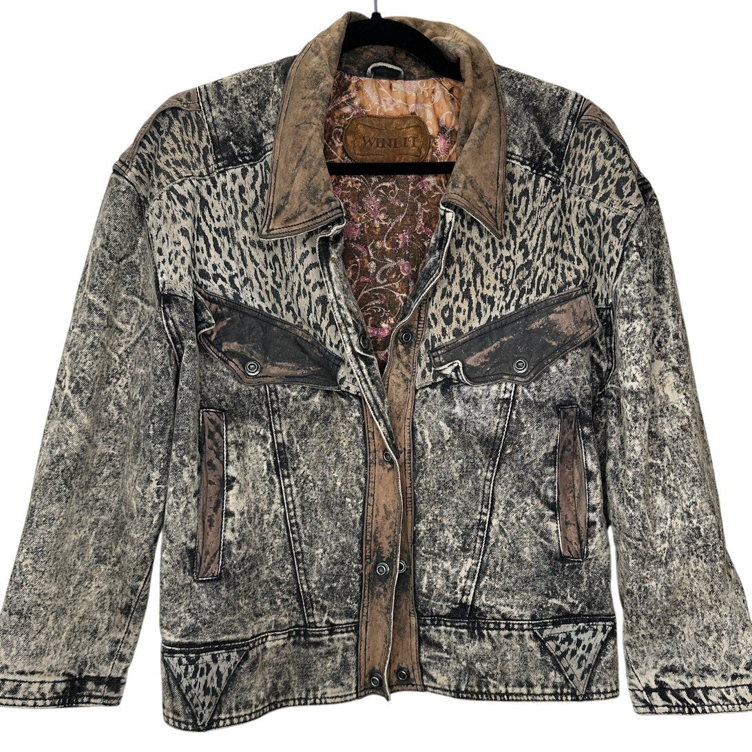 Winlit Vintage Tan Black Suede & Denim Acid Wash Animal Print Biker Jacket S