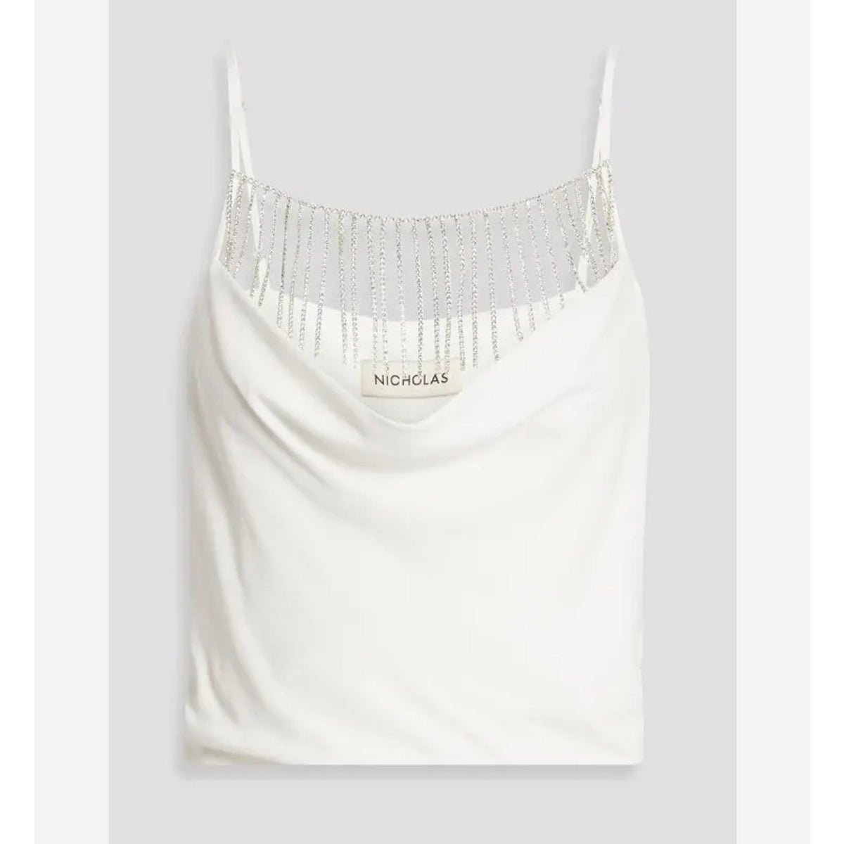 Nicholas Rhinestone Fringe Cowl Neck Ivory Crop Top – Women’s M