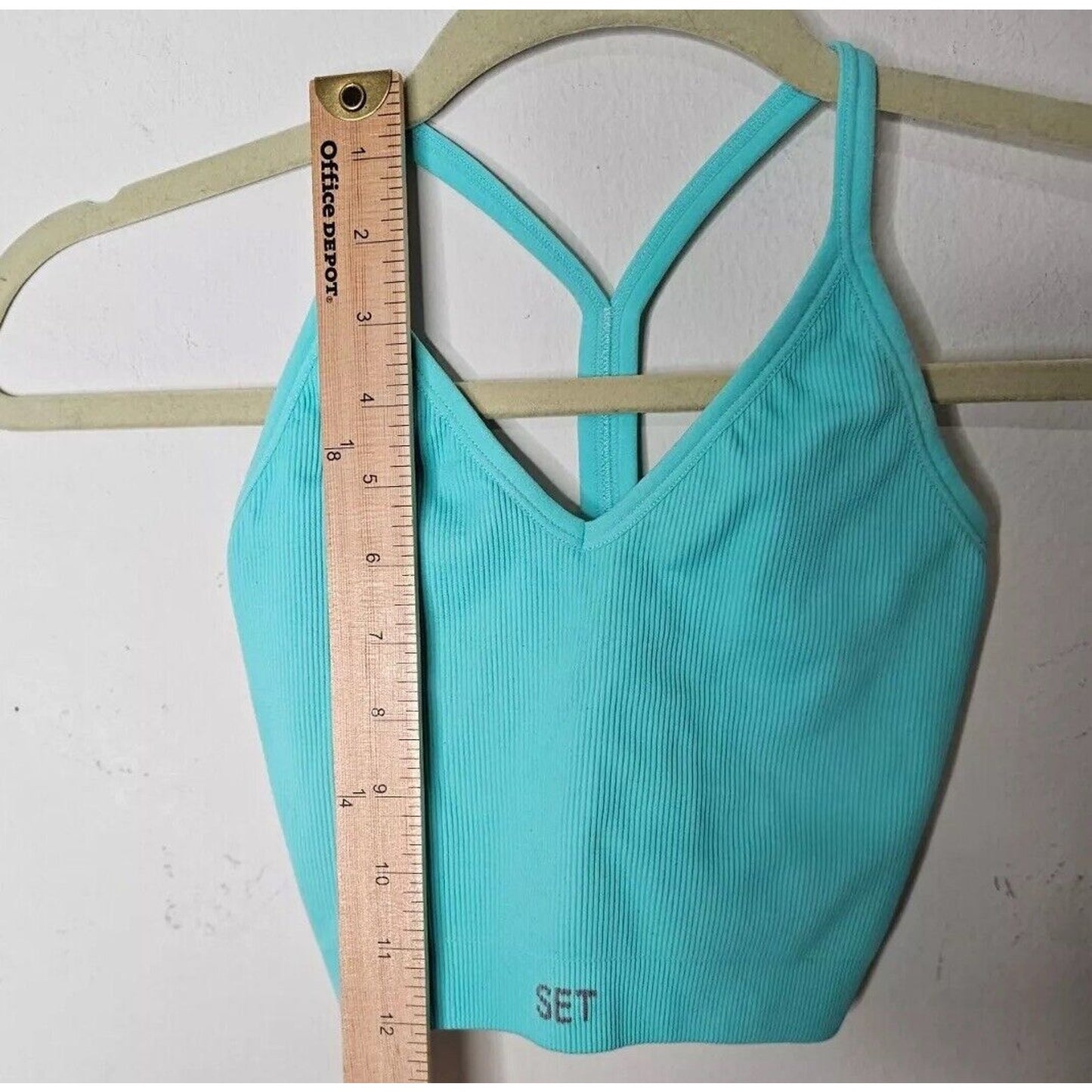 Set Active Light Aqua Ribbed Scuptflex Crop V Neck Skinny Strap Y Back XS / S