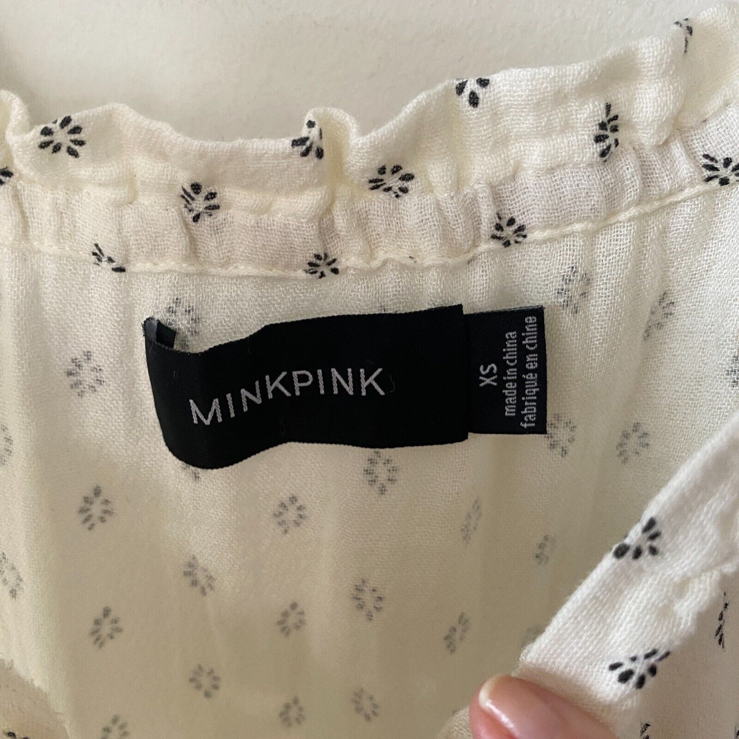 Minkpink Off-Shoulder Common Ground Cream Black Ruffle Mini Dress Pom Tassel XS