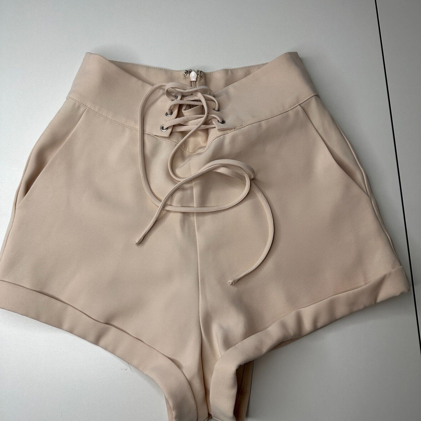 NWT L'Academie Tan Romance Shorts Cuffed Zip Back Front Grommet Lace-Up XS