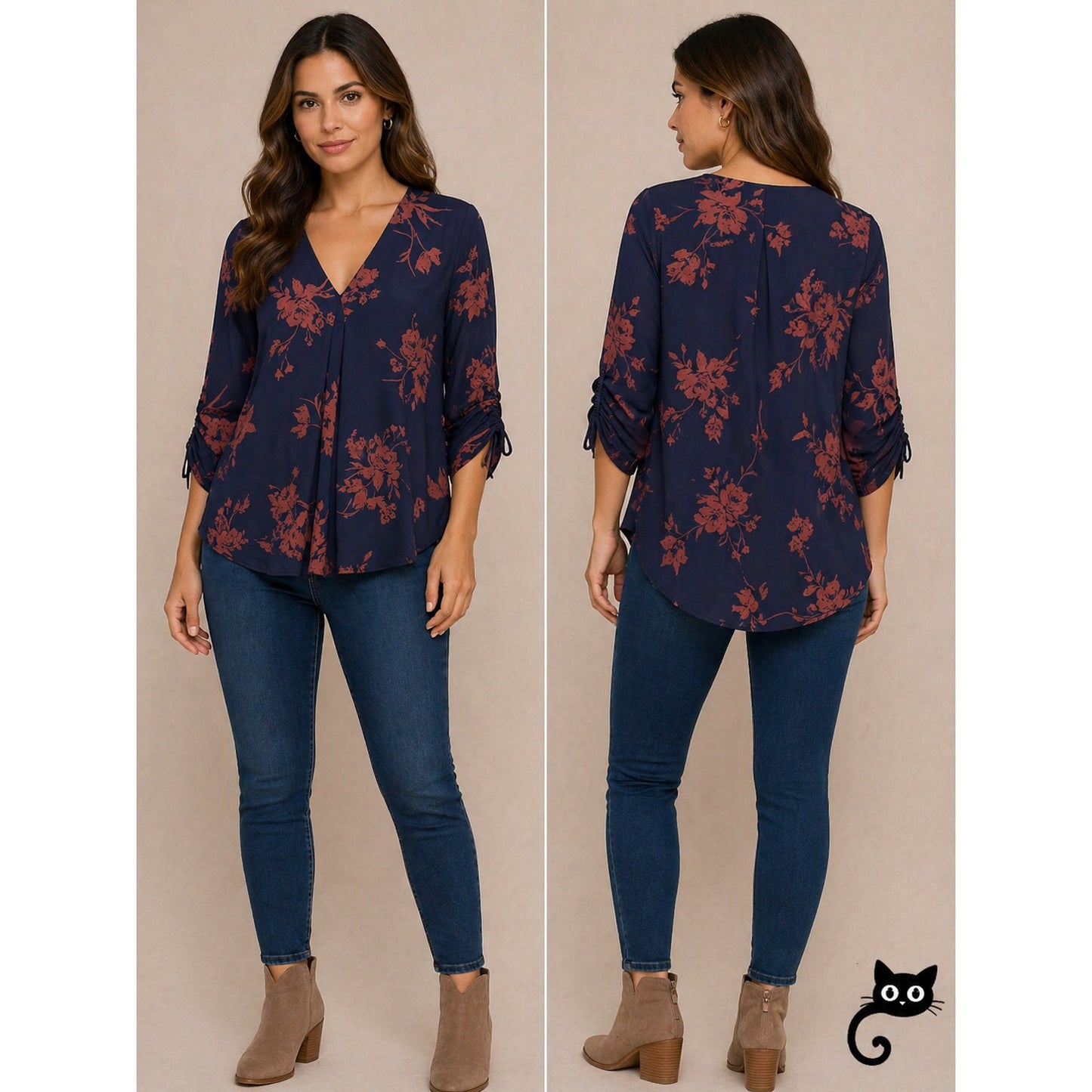 Evereve Allison Joy Alexa Crossover Top Navy & Brown Floral 3/4 Sleeve VNeck XS
