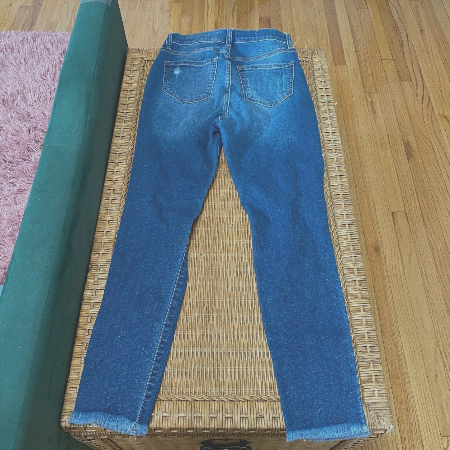 Fashion Nova Smiley High-Rise Distress Knees Jean Medium Blue Wash Raw Hem 7