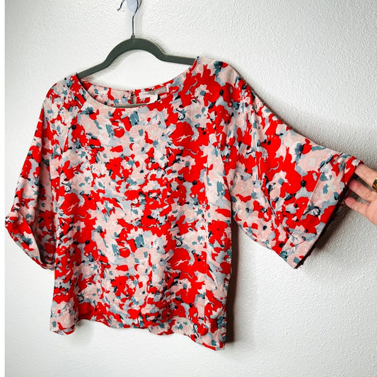 Cute Red Pink Blue Floral 3/4 Cuffed Sleeves Wide Round Neck Blouse Top L