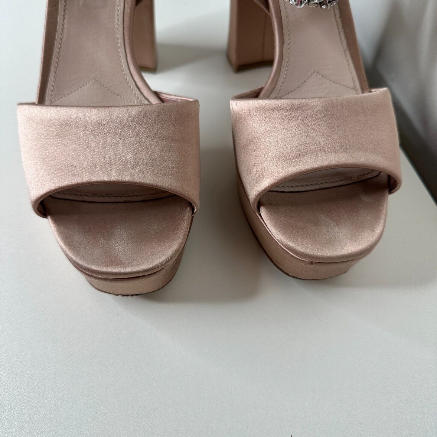 Miu Miu Nude Calzature Donna Satin Crystal Ankle Strap Platform Block Heels 10.5
