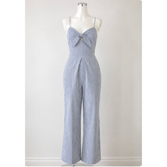 WAYF Massa Front Tie-Knot Pockets Blue White Pin Striped Jumpsuit Romper XS