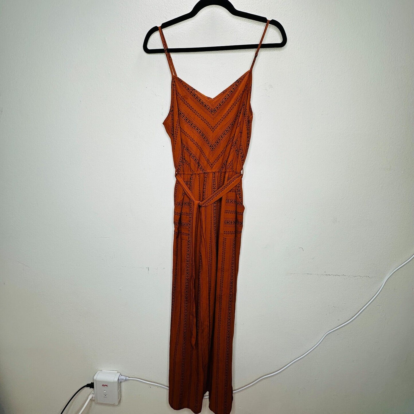 E & M Rust & Black Aztec Print V-Neck Spaghetti Strap Pockets Tie Waist Jumpsuit