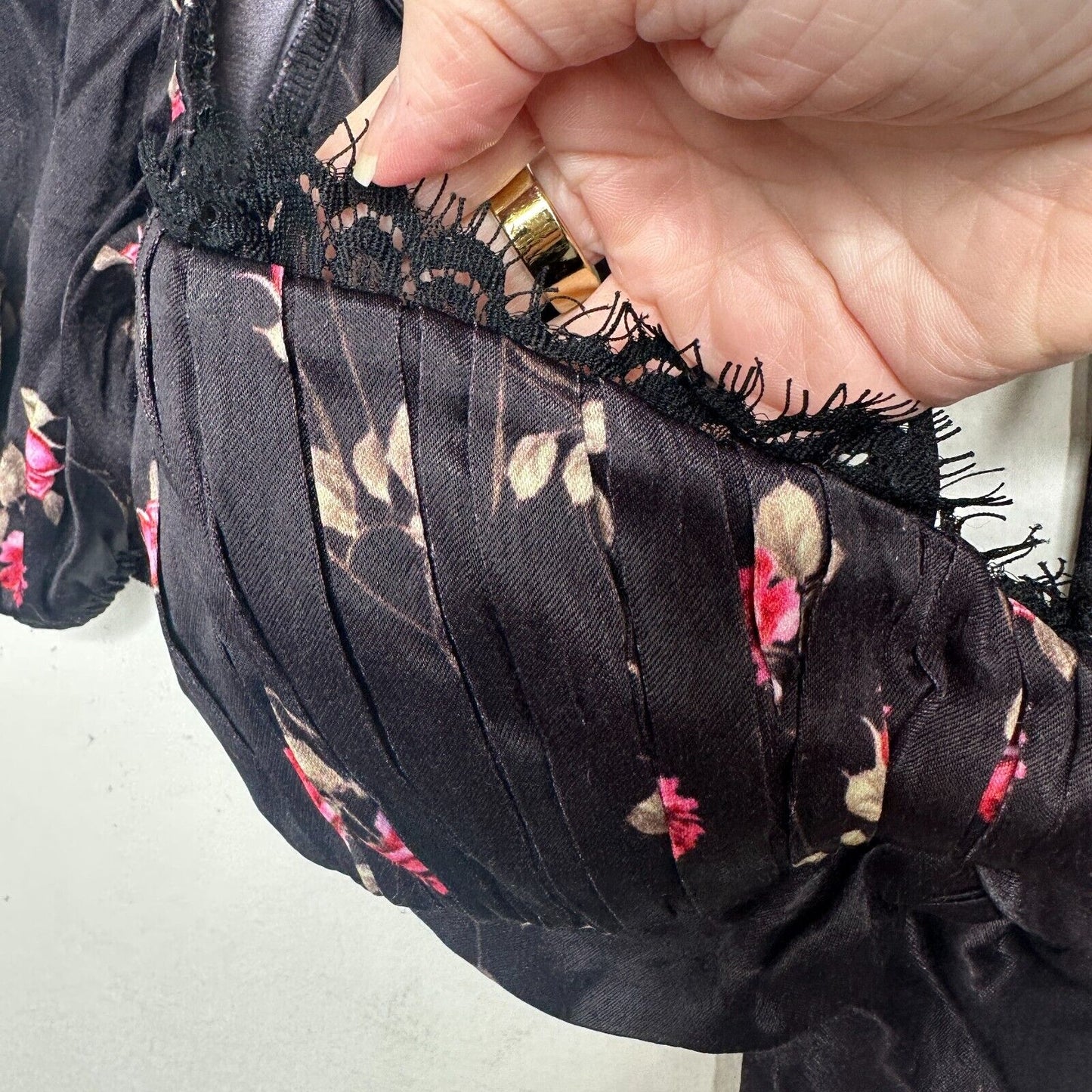Rat & Boa Bonita Chic Satin Black Pink Floral Tie Top Sweetheart Neck Lace S