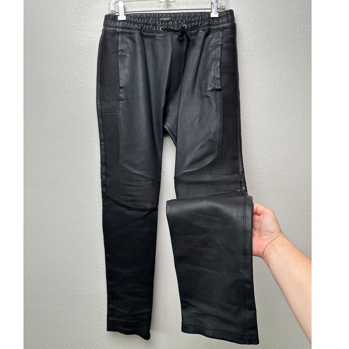 Balmain Lambskin Moto Pants Black Men’s US L Drawstring