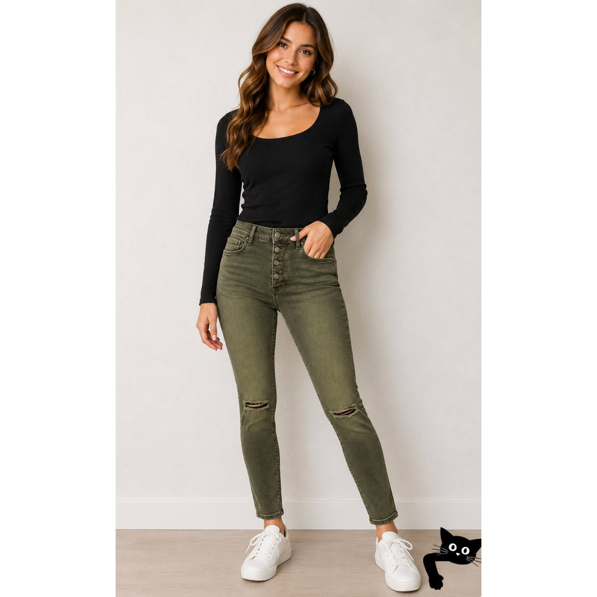 Zara Women Olive Green Button Fly Distressed Knee Skinny Jean High Waist 10