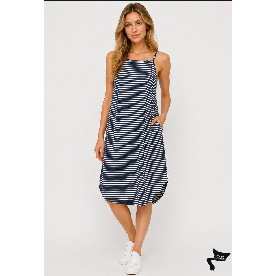 Mudpie Navy & White Thin Striped Flowy Sleeveless Stretch Tank Shift Dress S