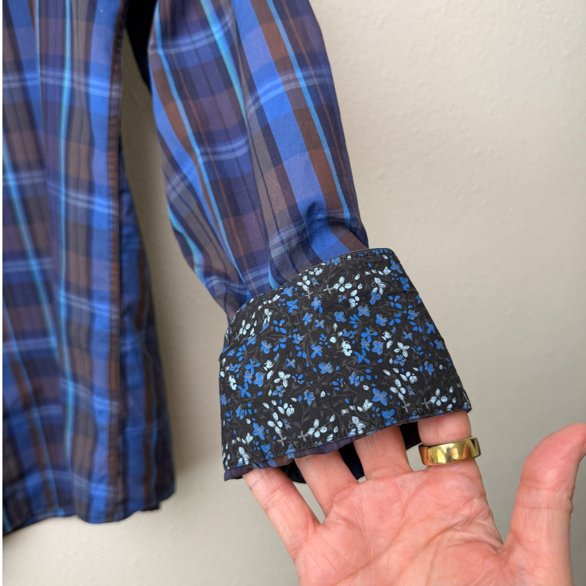 Bugatchi Plaid Button Front Shirt Blue Brown Gray Men’s L