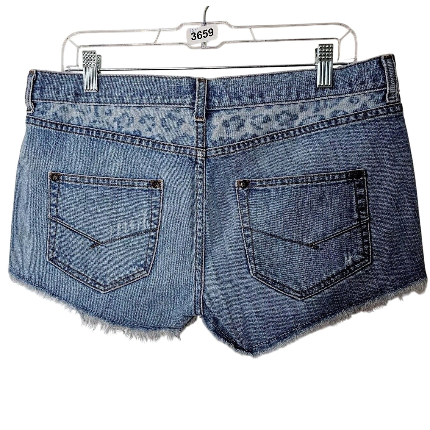 RARE Vans X Jesse Jo Medium -Wash Leopard Print Waist Raw Hem Jean Shorts 11