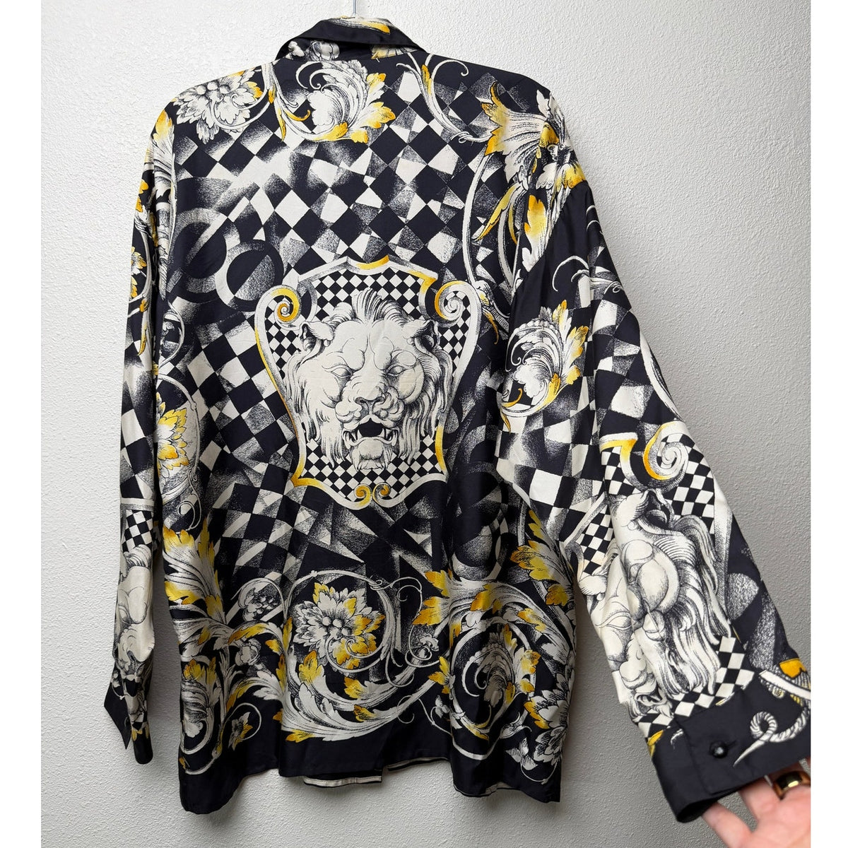 Vintage Gianni Versace Il Leone Barocco Lion Silk Shirt Black Yellow Men's XL