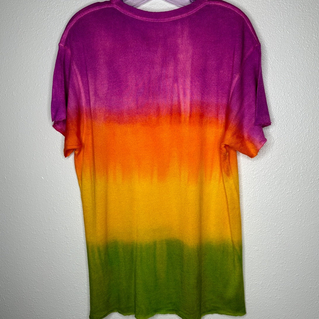 The Elder Statesmen Rainbow Tie Dye Machine Cut Sleeves & Hem Round Neck Sweater
