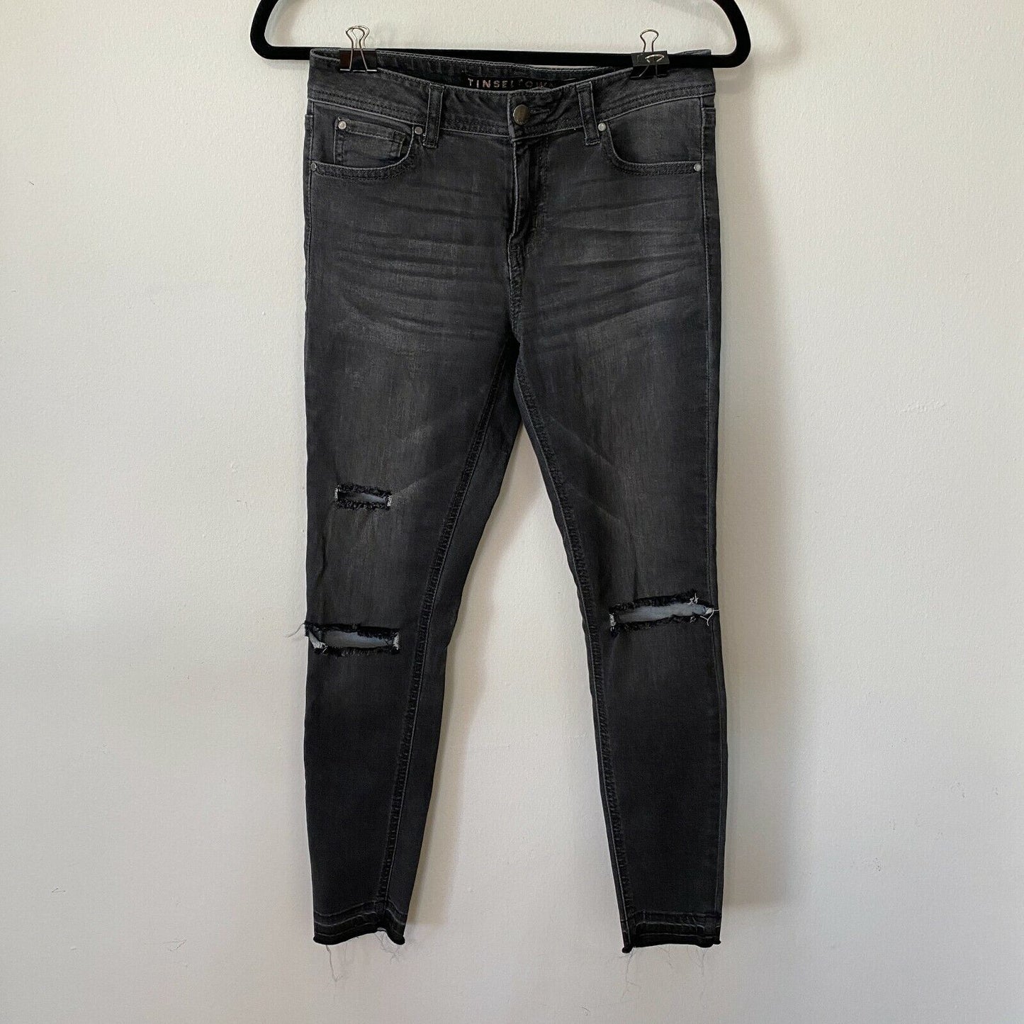 Fashion Nova Tinseltown Charcoal Gray Distressed Knees Raw Hem Skinny Jean 3