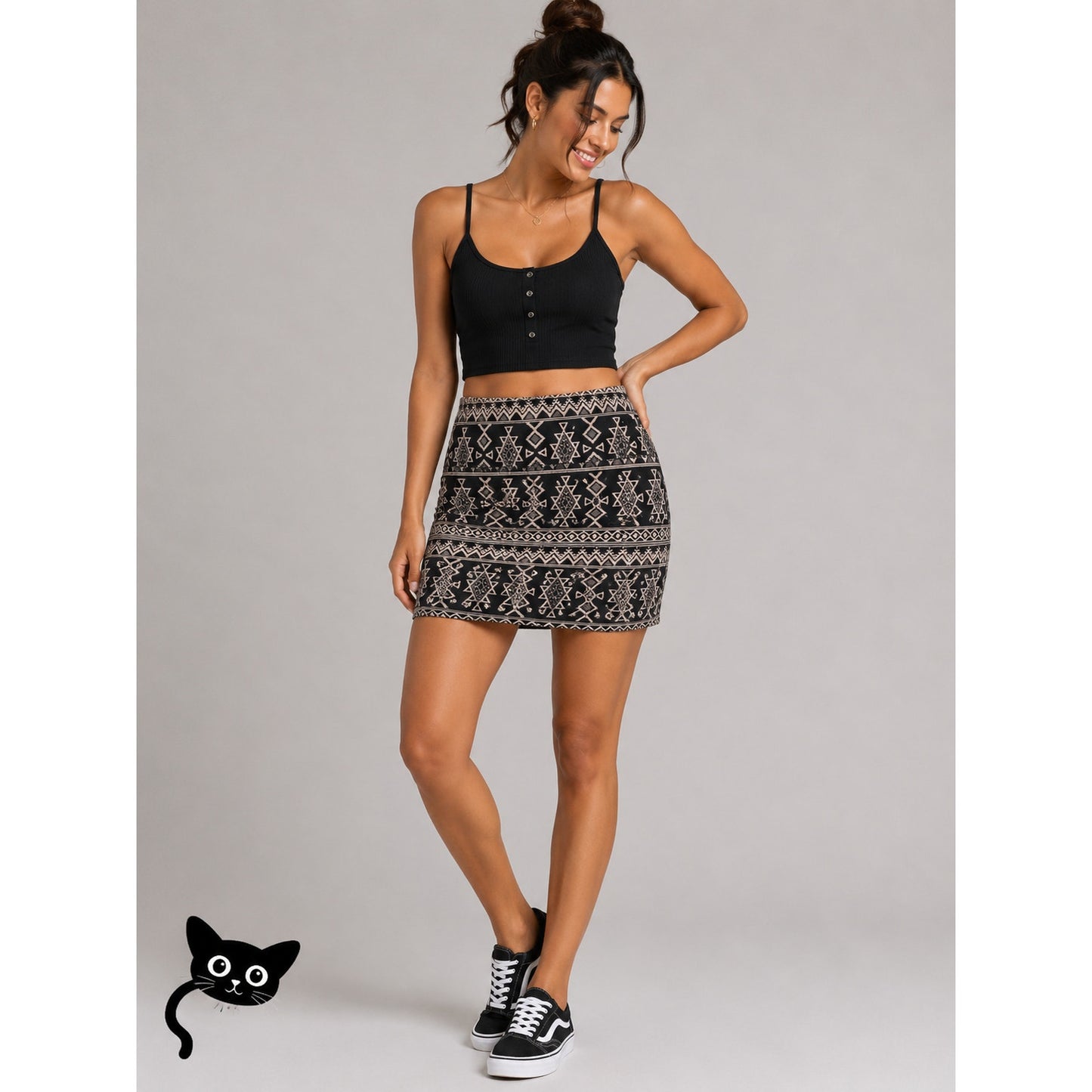 Billabong Tan & Black Aztec Print Stretch Mini Skirt Medium
