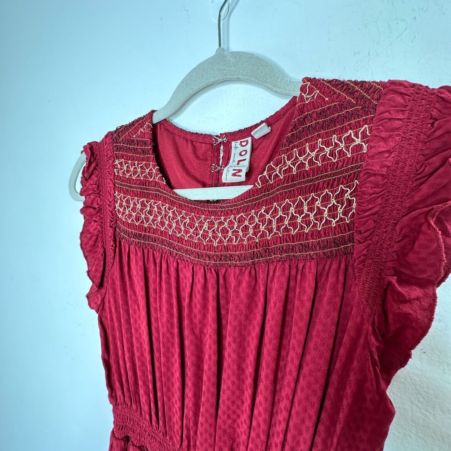 Anthropologie Dolan Red Left Coast Tansy Smocked Midi Ruffle-Shoulder Dress XS