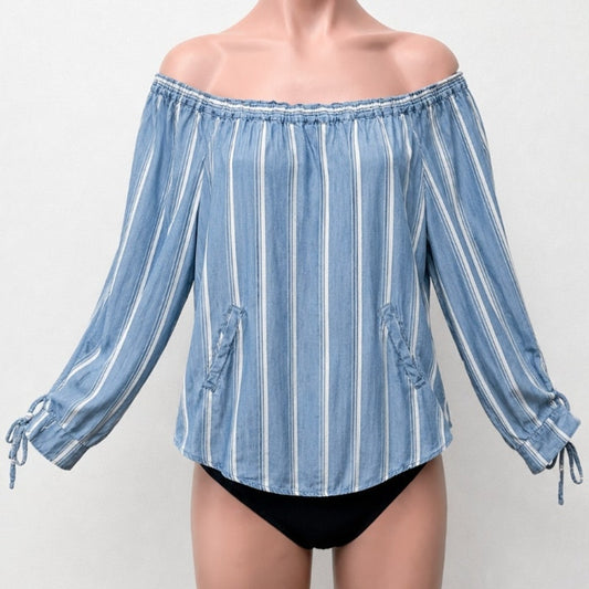 Billy T Blue & White Stripe Linen Off Shoulder 3/4 Tie-Sleeve Back Button Top XS