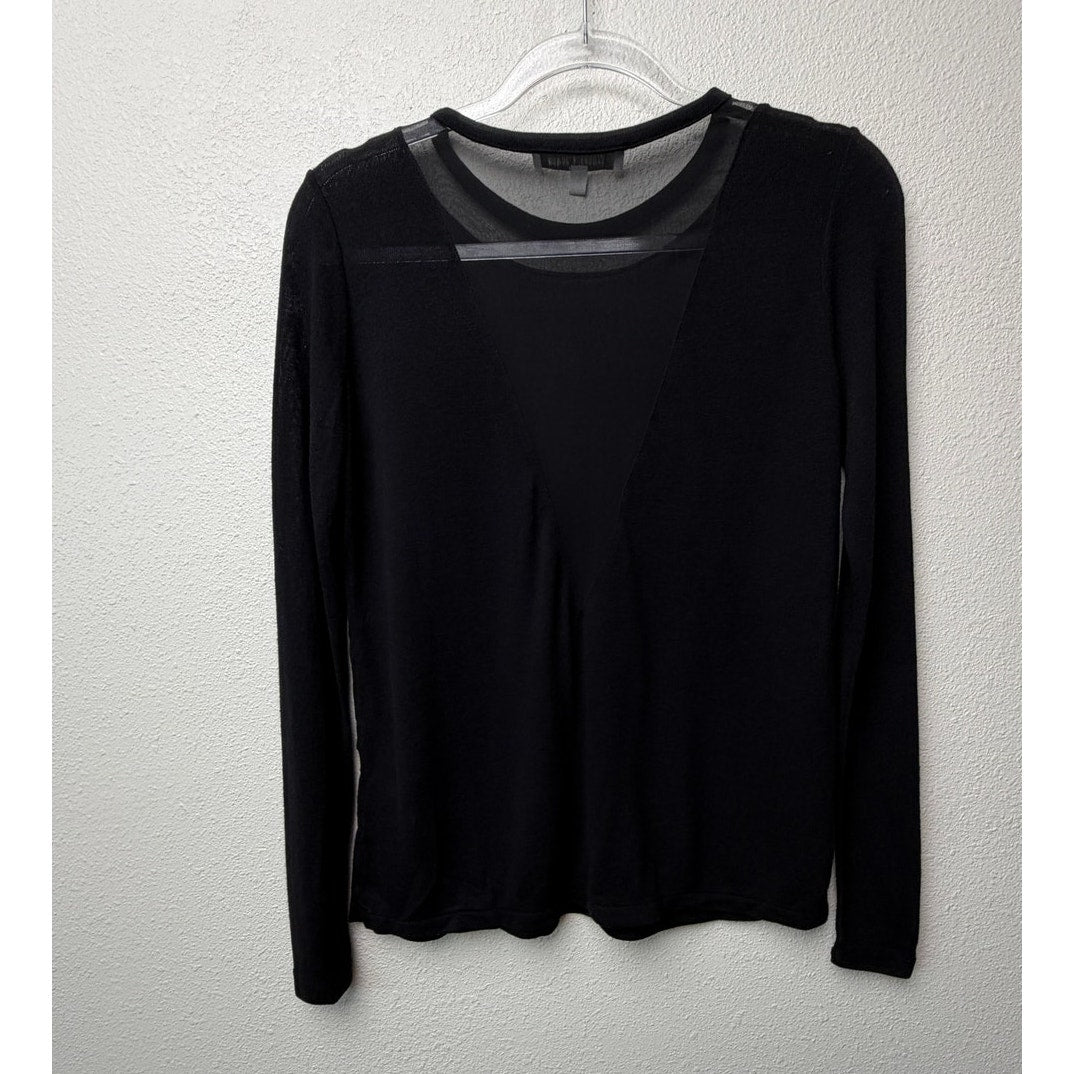 Elizabeth & James Black Sheer Mesh Yoke Long Sleeve Top Open Back Lightweight Knit XS