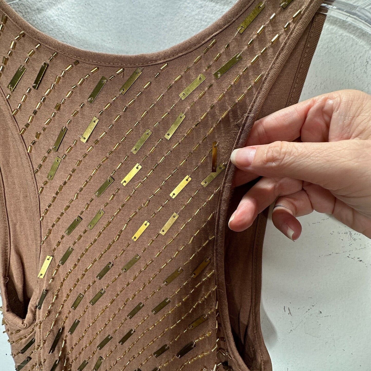 Haute Hippie Chocolate Brown Tank Mini Dress Side Ruche Gold & Beaded Adornment