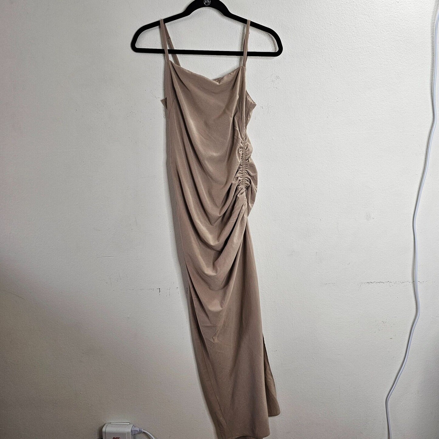 Emory Park Stretch Beige Maxi Side Drawstring Square-Neck Side Zip Split Dress S