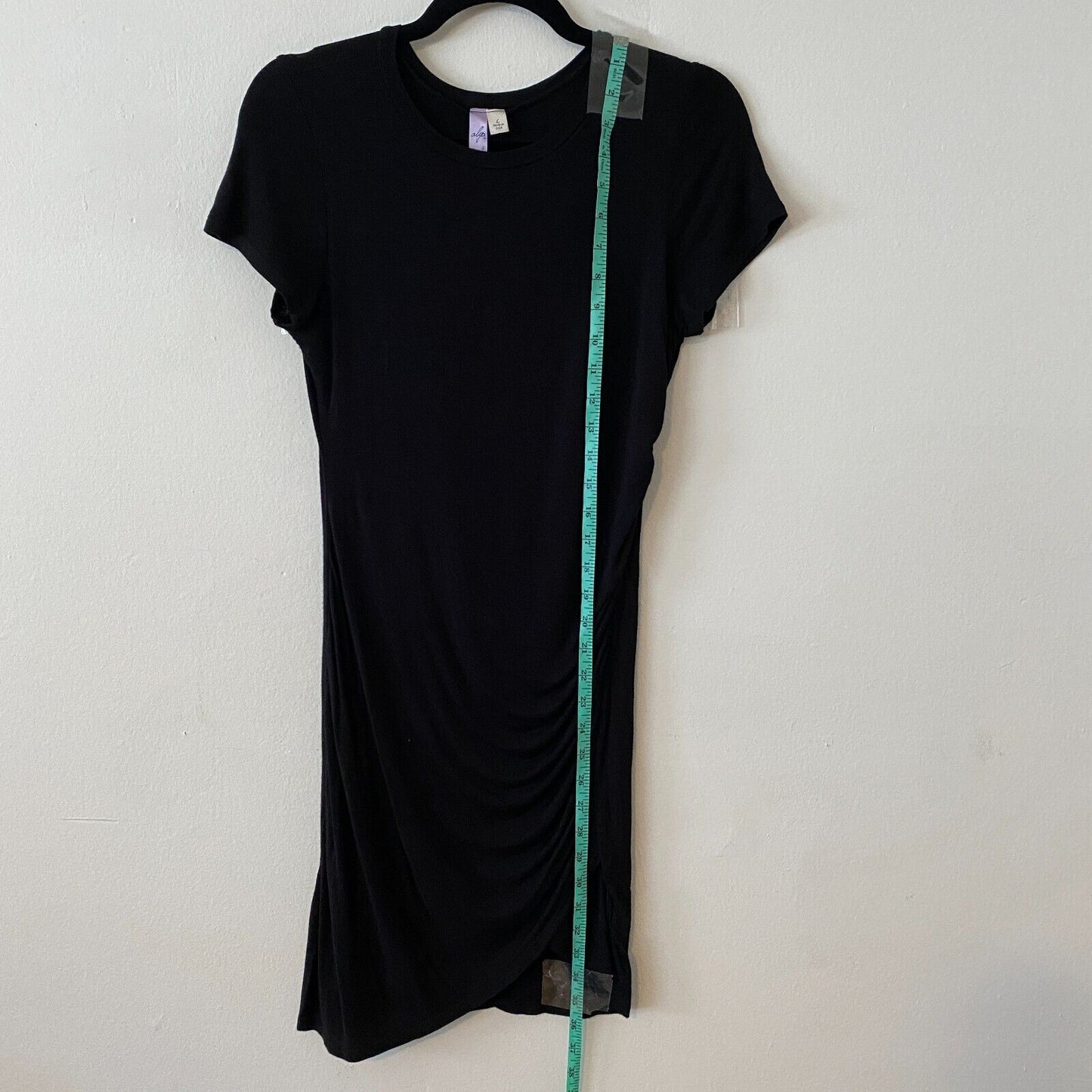 Alya Cute Black Bodycon Stretchy TShirt LBD Dress Asymmetrical Ruched Side Large