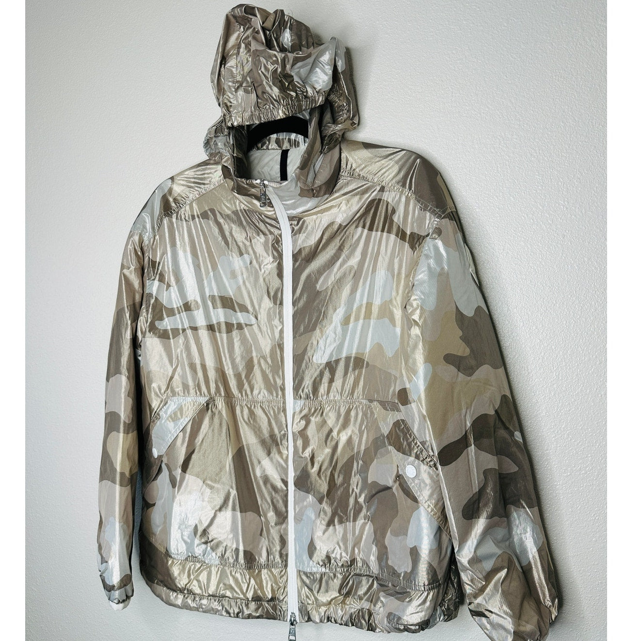 Moncler Menchib Metallic Camo Hooded Jacket Sand Cream Lightweight Zip Coat